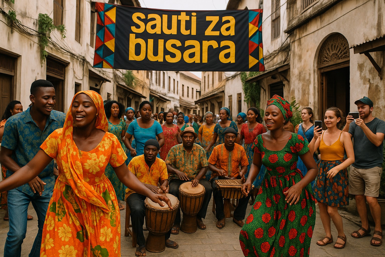 Ein farbenfrohes Straßenszenario während des Festivals Sauti za Busara in Stone Town, Sansibar, mit tanzenden Menschen und Musikern unter einem Banner.
