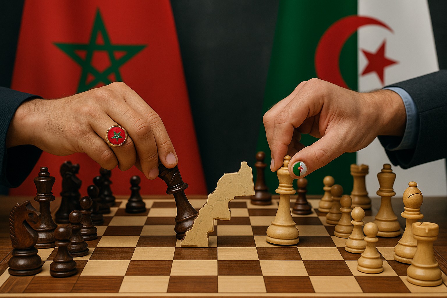Eine Nahaufnahme zeigt zwei Männerhände bei einem Schachspiel – eine mit einem Ring in den Farben der marokkanischen Flagge, die andere mit einem algerischen Emblem auf dem Daumen. Zwischen ihnen steht eine 3D-Karte der Westsahara auf dem Schachbrett, während im Hintergrund die Flaggen Marokkos und Algeriens zu sehen sind.
