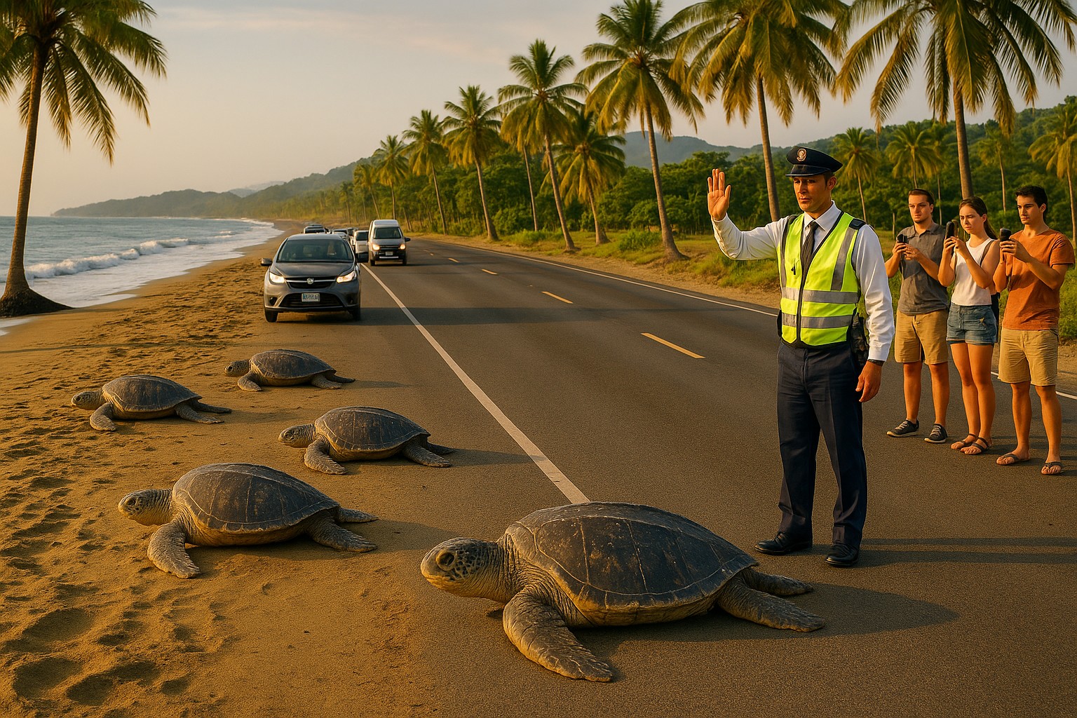 Eine Szene an einer Küstenstraße in Costa Rica zeigt mehrere Lederschildkröten, die den Weg zum Ozean überqueren, während ein Verkehrspolizist den Verkehr anhält und eine Gruppe neugieriger Touristen fotografiert.
