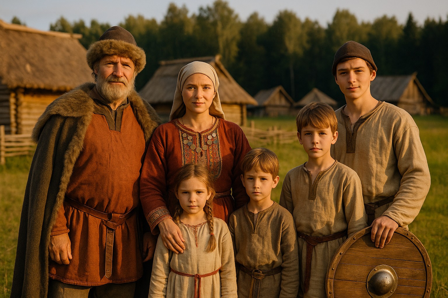 Eine hochauflösende Fotografie zeigt eine slawische Familie aus fünf Personen in einem mittelalterlichen Dorf, gekleidet in traditionelle Kleidung, mit Holzhütten im Hintergrund und warmem Nachmittagslicht.
