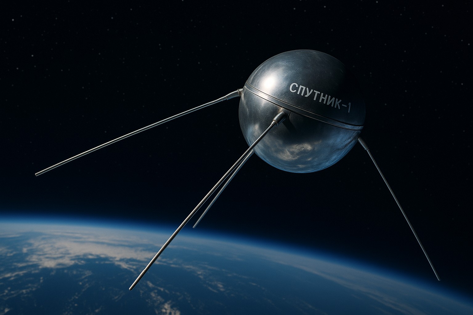 Der sowjetische Satellit Sputnik 1 schwebt im niedrigen Erdorbit über dem Planeten, mit glänzender Metalloberfläche und vier langen Antennen, umgeben vom dunklen Weltraum und leuchtenden Sternen.
