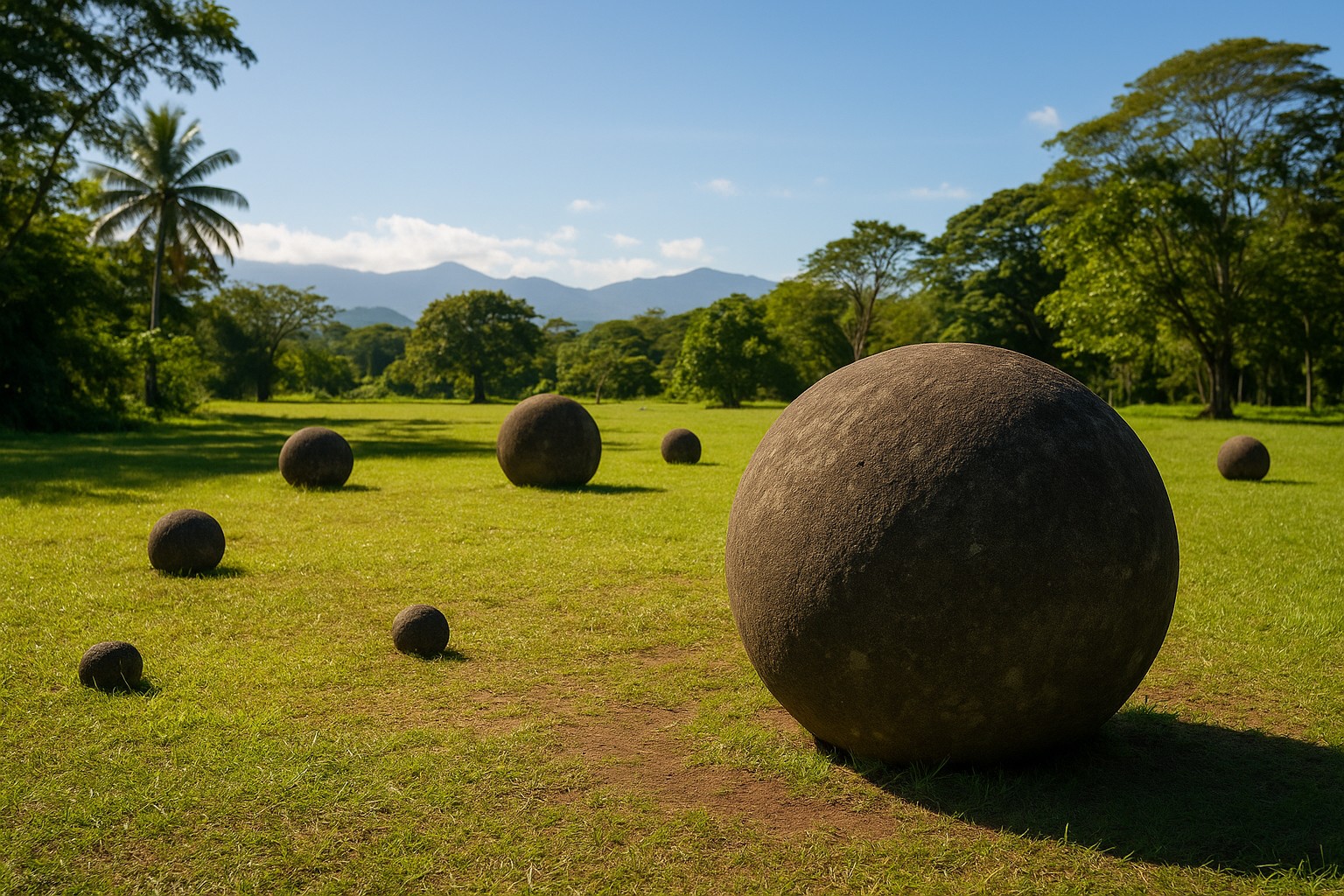Mehrere große, perfekt geformte Steinkugeln liegen auf einer grünen Wiese in Costa Rica, umgeben von Bäumen und mit Bergen im Hintergrund unter blauem Himmel.
