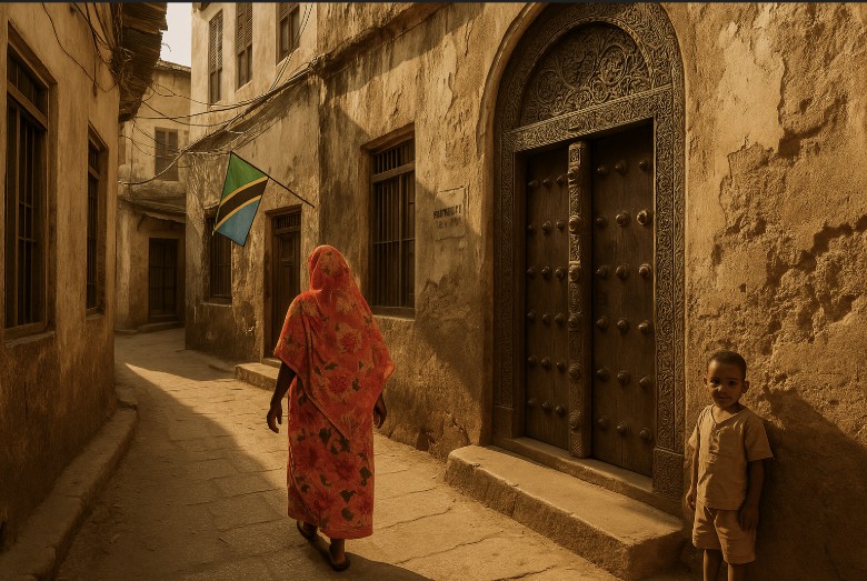 Eine enge, sonnendurchflutete Gasse in Stone Town, Sansibar, mit alten Gebäuden, geschnitzten Holztüren und arabisch-swahilischer Architektur.
