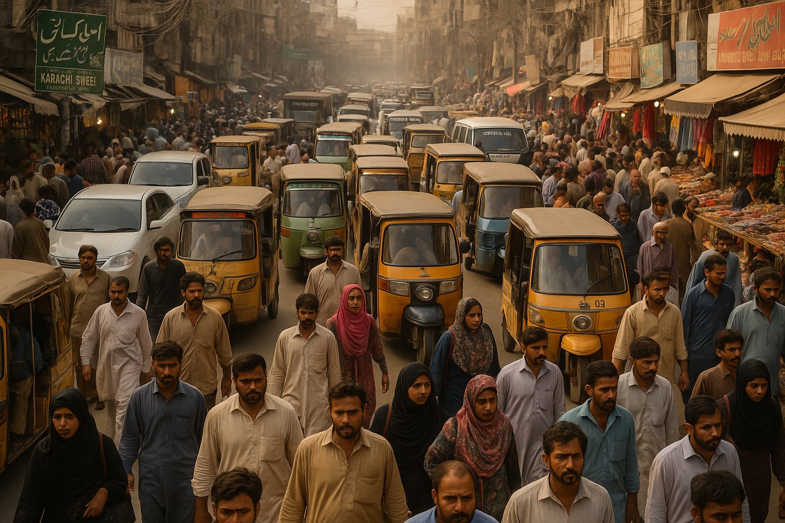 Eine überfüllte Straße in Karachi, Pakistan, zeigt Dutzende von Rikschas, Fußgängern und Marktständen bei Tageslicht. Die Szene vermittelt das Gefühl von Dichte, Aktivität und urbanem Leben in einer Megastadt.
