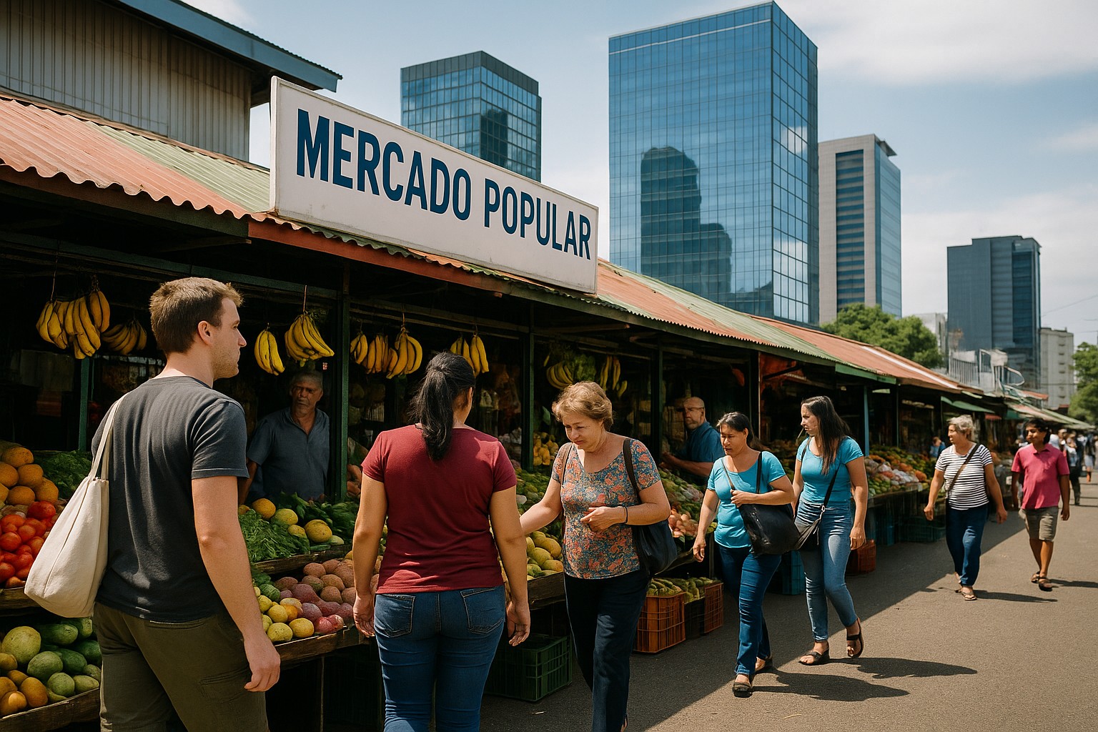 Ein belebter Straßenmarkt in Costa Rica mit Ständen voller bunter Früchte und Gemüse, im Hintergrund moderne Hochhäuser.
