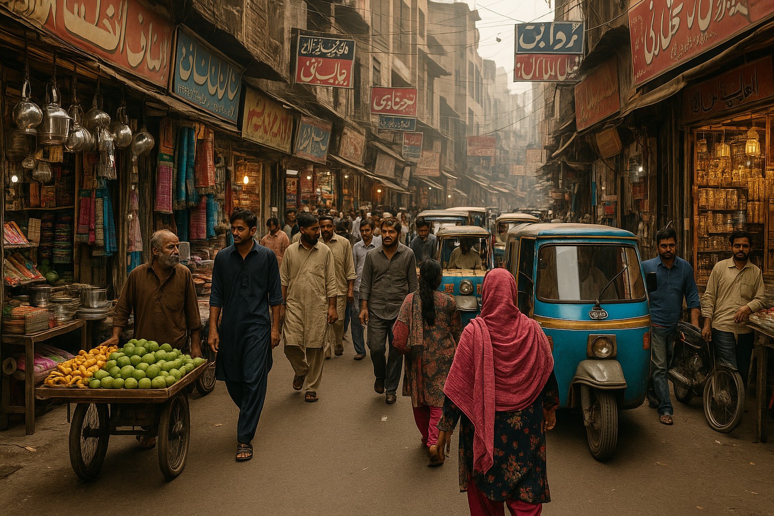 Eine belebte Straßenszene in einem Marktviertel von Lahore, mit Menschen in traditioneller Kleidung, Rikschas, Obstständen und Geschäften mit Schildern auf Urdu.
