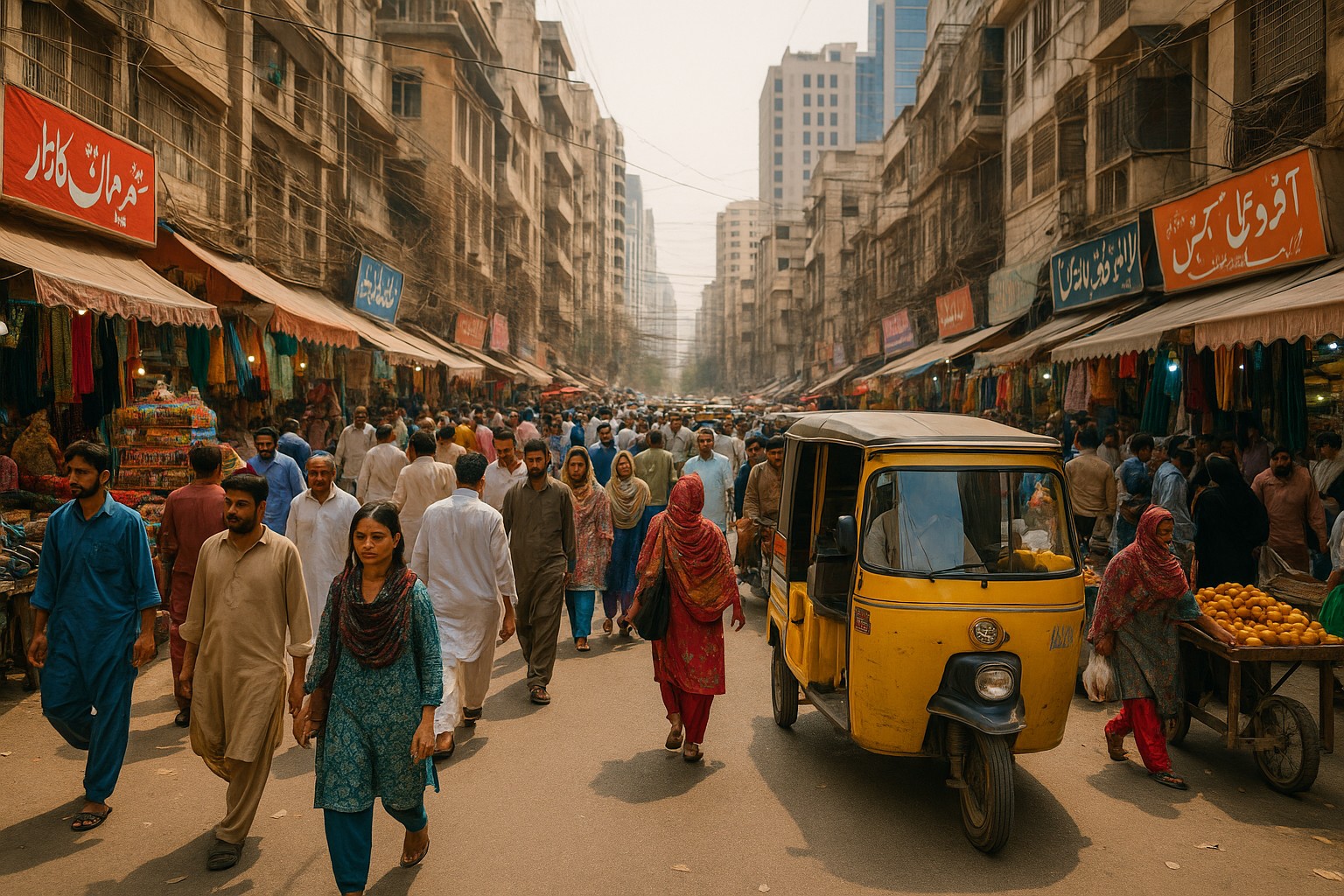 Eine belebte Straße in Karatschi, Pakistan, mit zahlreichen Fußgängern, einem gelben Tuk-Tuk und Straßenhändlern vor farbenfrohen Markisen und Schildern in Urdu. Im Hintergrund ragen moderne Hochhäuser über das geschäftige Marktgeschehen hinaus.
