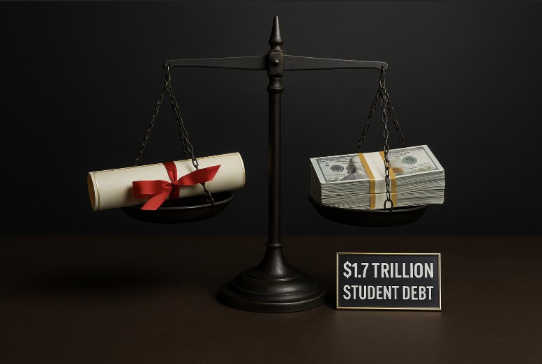 Alte Metallwaage mit gerolltem Diplom auf einer Schale und einem Geldstapel auf der anderen; davor Schild „$1.7 TRILLION STUDENT DEBT“ – Symbol für hohe Studienkosten in den USA.
