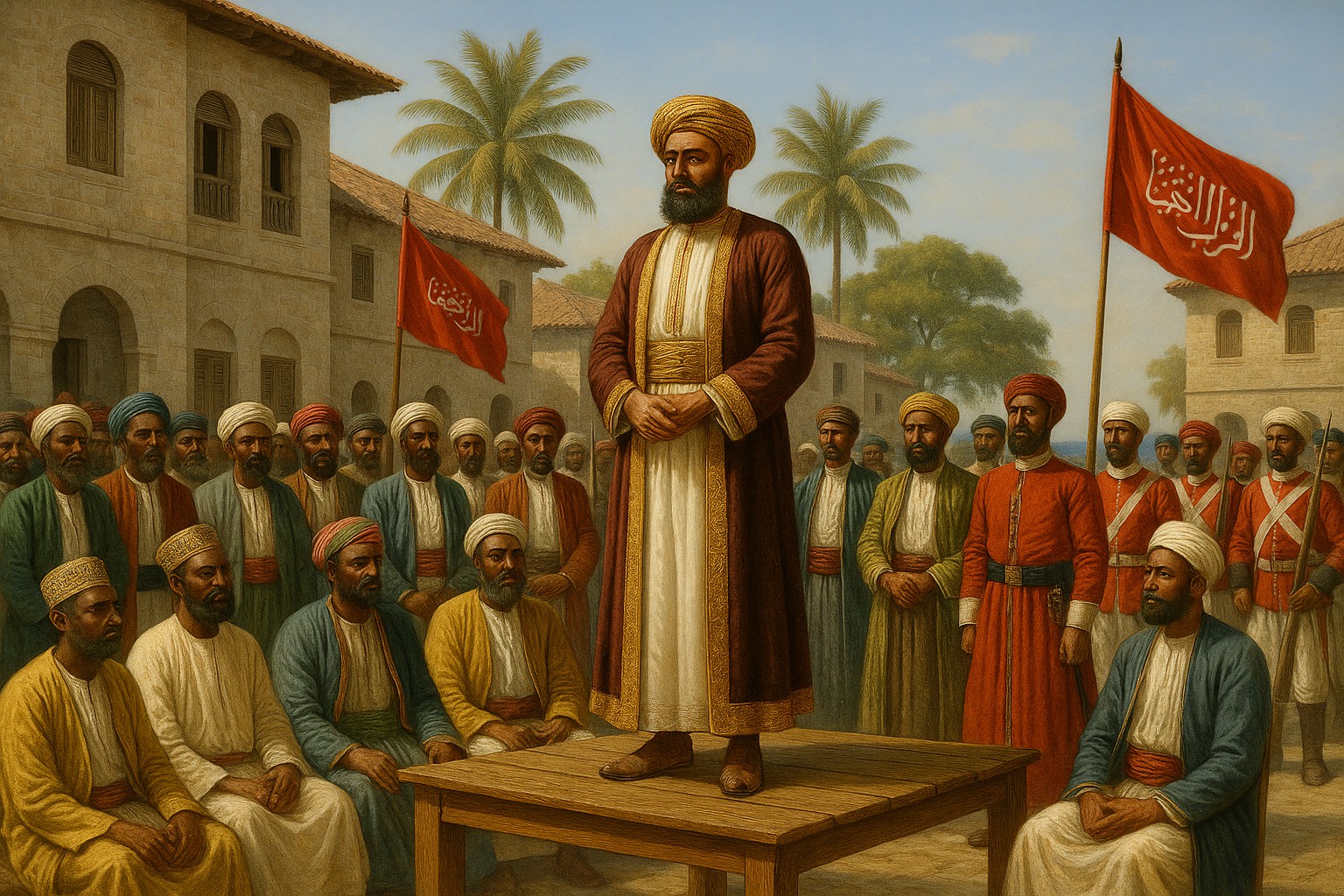 Ein historisches Gemälde mit realistischen Details zeigt Sultan Said ibn Sultan, wie er 1840 in Stone Town, Sansibar, auf einem Holzpodest steht, umgeben von omanischen Wachen, lokalen Führern in traditioneller Kleidung und roten Fahnen mit arabischer Schrift, mit kolonialen Gebäuden und Palmen im Hintergrund.
