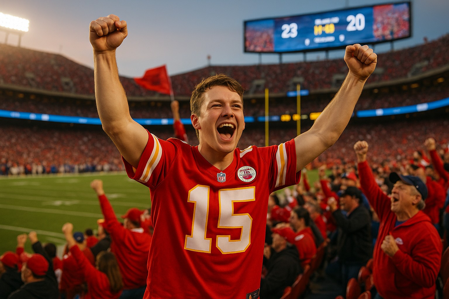 Ein junger amerikanischer Football-Fan jubelt im Stadion, bekleidet mit einem roten Trikot und einer Baseballkappe. Hinter ihm feiern hunderte Fans auf den Tribünen, viele tragen Teamfarben und schwenken Fahnen. Der Himmel ist orangefarben im Abendlicht, das Spielfeld liegt im Hintergrund.
