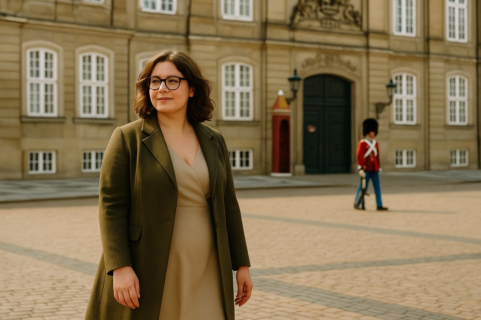 Eine junge kurvige Dänin mit Brille spaziert vor dem Schloss Amalienborg in Kopenhagen, während im Hintergrund ein königlicher Wachposten in roter Uniform zu sehen ist.
