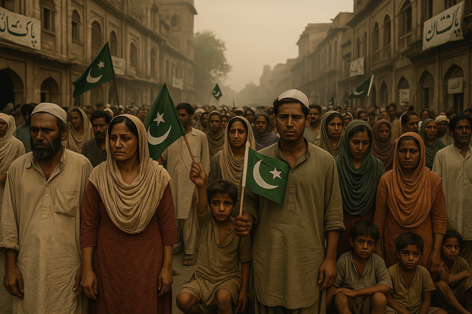 Eine realistische Farbfotografie zeigt eine große Menschenmenge in Lahore während der Teilung Indiens im Jahr 1947. Männer, Frauen und Kinder in traditioneller südasiatischer Kleidung stehen eng beieinander mit pakistanischen Flaggen in der Hand, ihre Gesichter ernst und voller Emotionen, umgeben von kolonialen Gebäuden mit Bannern auf Urdu.
