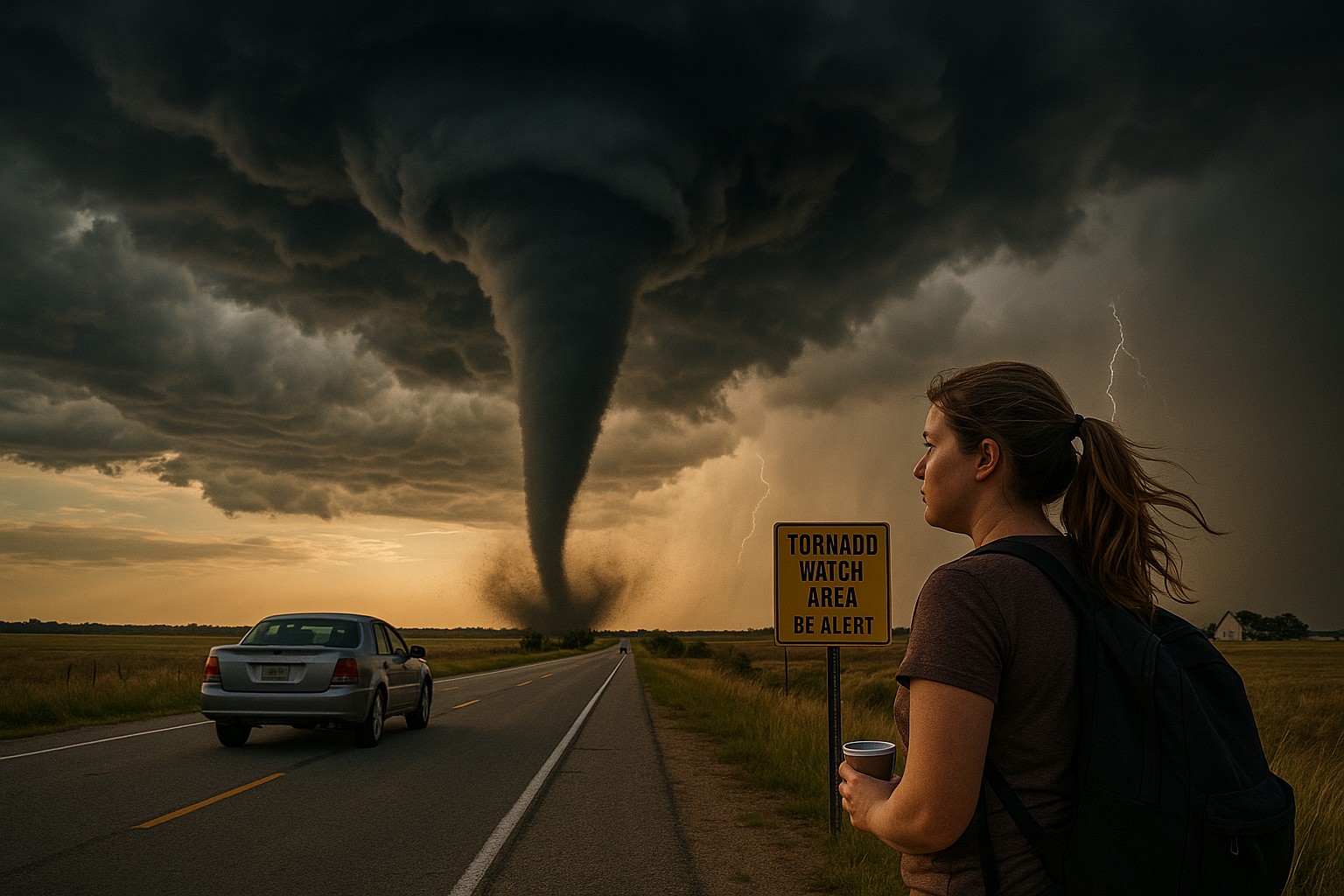 Eine junge Frau steht am Rand einer Landstraße in Oklahoma und blickt erschrocken auf einen riesigen Tornado, der sich aus dunklen Gewitterwolken über den Feldern formt. Im Hintergrund warnen Blitze und ein Schild mit der Aufschrift „Tornado Watch Area – Be Alert“ vor der Gefahr.
