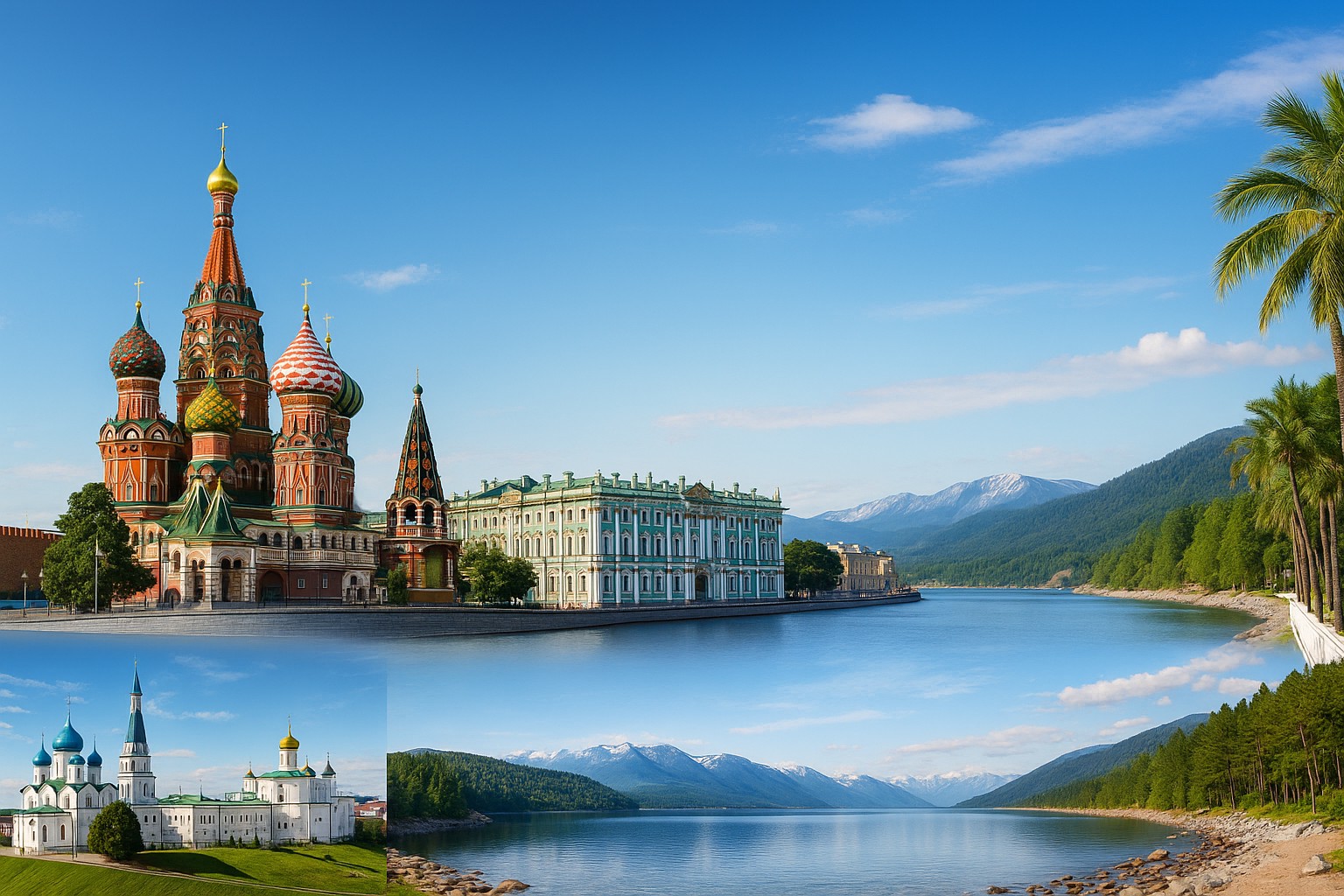 Ein hochauflösendes Panorama zeigt die touristische Vielfalt Russlands mit ikonischen Sehenswürdigkeiten wie dem Roten Platz, dem Winterpalast, dem Ufer des Baikalsees, Palmenstränden in Sotschi und einer orthodoxen Kathedrale – alles unter klarem blauen Himmel.
