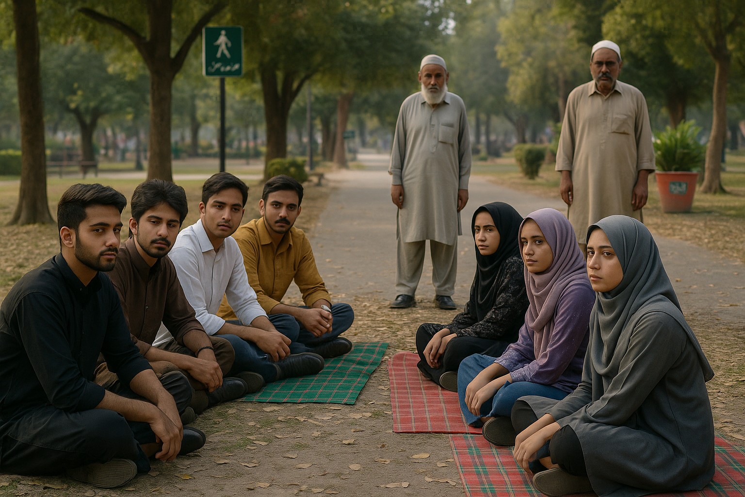 Eine realistische Szene in einem pakistanischen Park zeigt zwei Gruppen junger Erwachsener – fünf Männer auf der linken Seite und vier verschleierte Frauen auf der rechten Seite – die sich auf Picknickmatten gegenübersitzen, mit zwei älteren Männern, die im Hintergrund zusehen.
