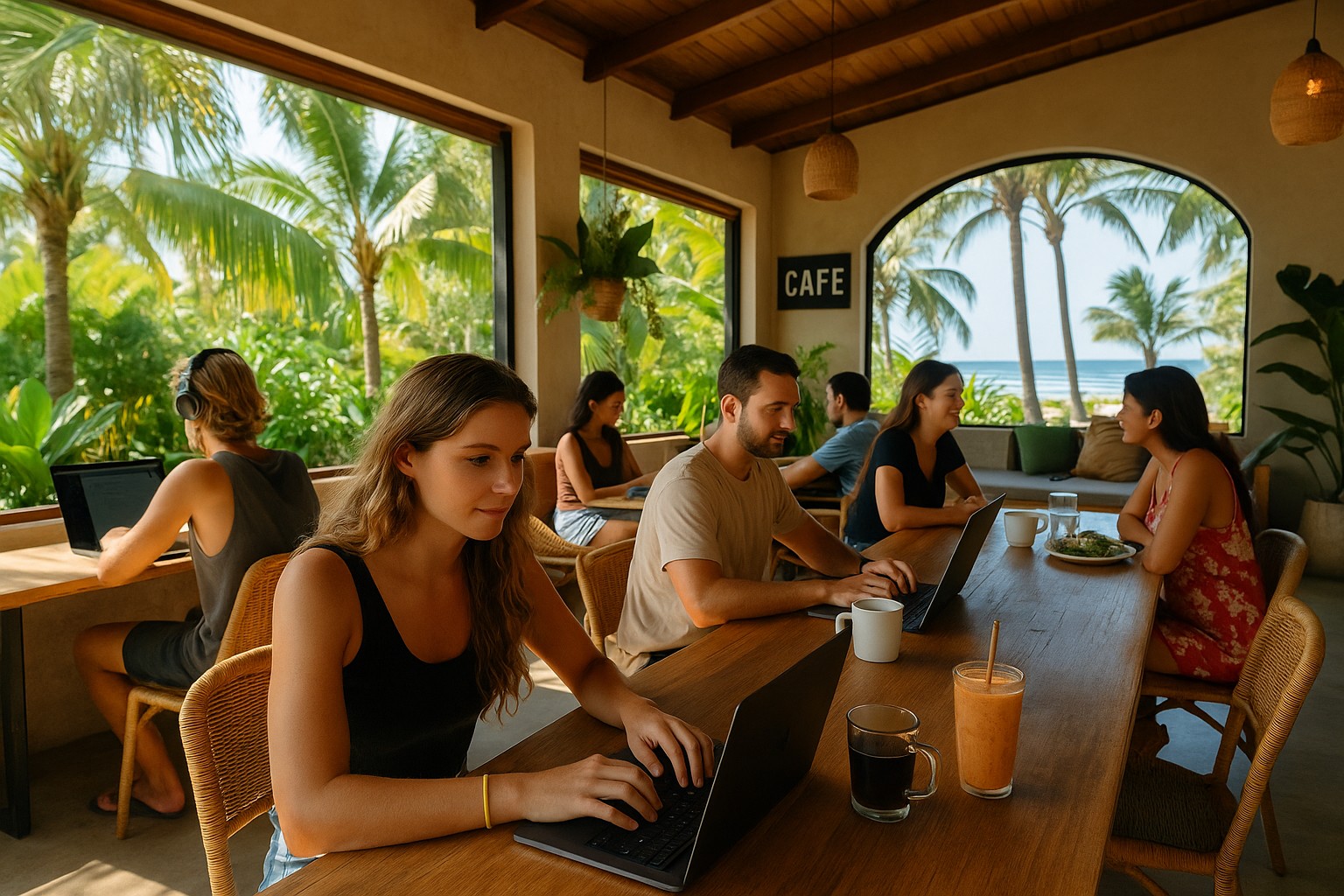 Ein tropischer Coworking-Space in Santa Teresa, Costa Rica, mit sechs Personen, die an einem langen Holztisch arbeiten, umgeben von großen Fenstern mit Blick auf Palmen und den Ozean.
