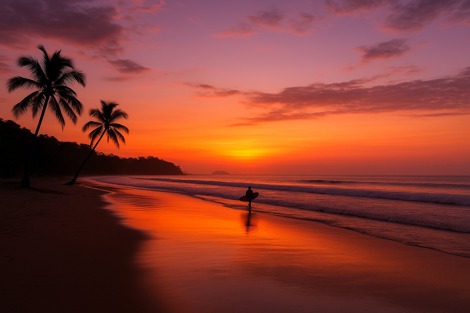 Ein tropischer Strand in Costa Rica bei Sonnenuntergang mit Palmen, einem Surfer in Silhouette und warmen Orangetönen, die sich im ruhigen Wasser spiegeln.
