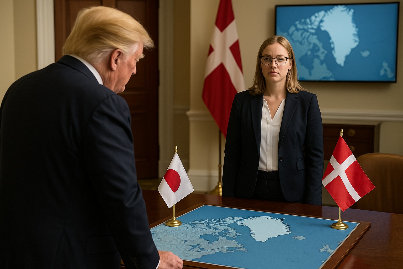 Ein realistisches Foto zeigt Donald Trump in einem formellen Konferenzraum, wie er sich über eine große Karte von Grönland beugt. Ihm gegenüber steht eine junge dänische Frau mit blonden Haaren und Brille, ernst blickend. Hinter ihr sind die Flaggen Dänemarks und eine Wandkarte von Grönland sichtbar.
