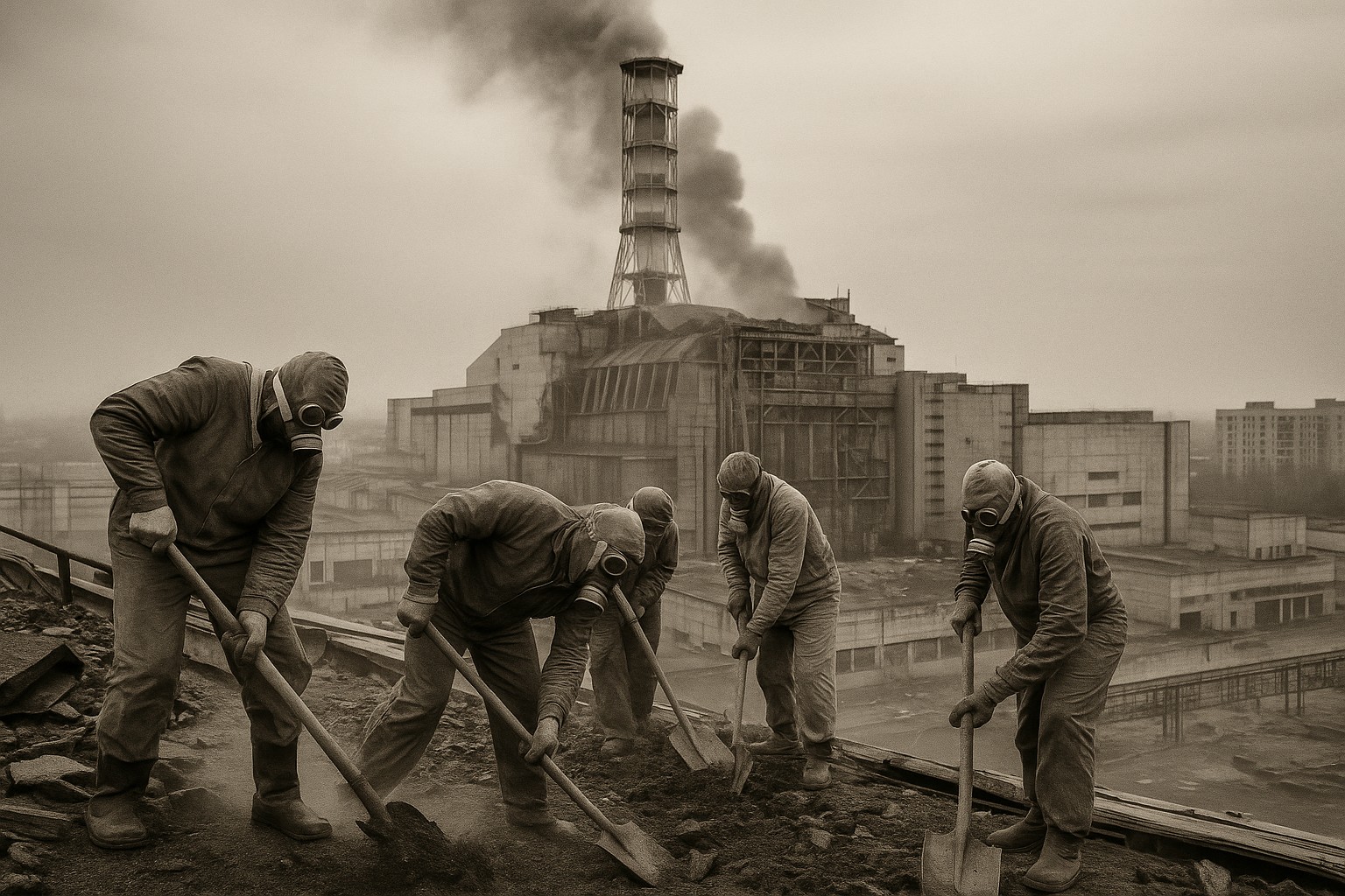 Ein historisches Schwarzweißfoto zeigt sowjetische Liquidatoren in Schutzanzügen und Gasmasken, wie sie auf dem Dach des Reaktors 4 in Tschernobyl Schutt beseitigen. Im Hintergrund erhebt sich der beschädigte Reaktor mit aufsteigendem Rauch vor einer gespenstischen, verlassenen Stadt.
