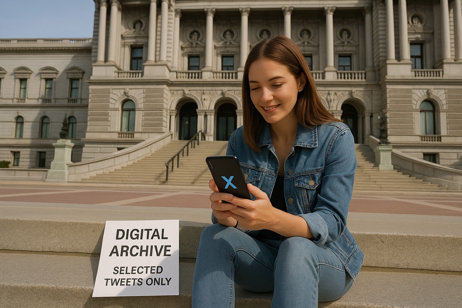 Eine junge Frau sitzt vor der Library of Congress in Washington, vertieft in ihr Smartphone mit Twitter/X-Symbol. Neben ihr liegt ein Schild mit der Aufschrift „Digital Archive – Selected Tweets Only“.
