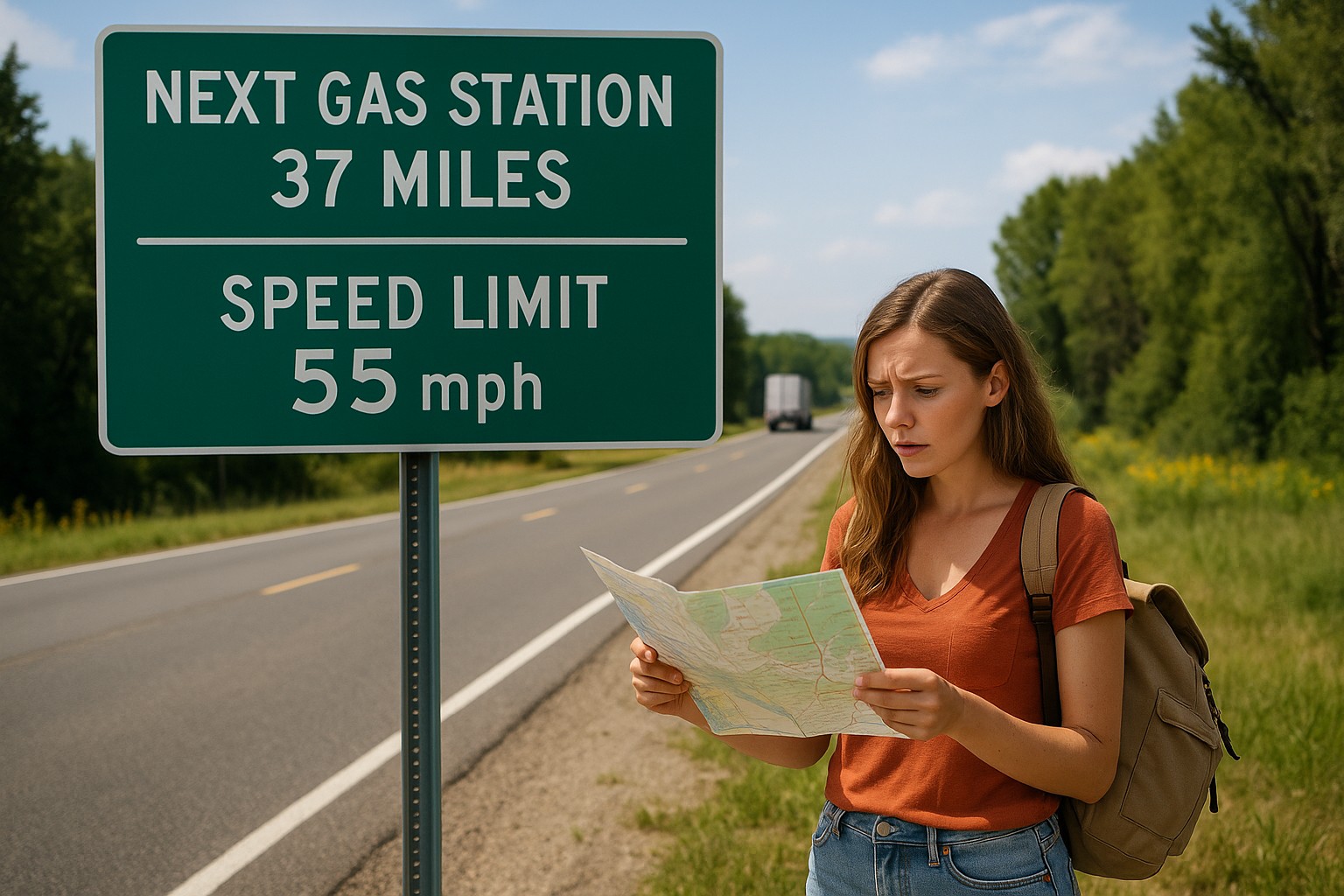 Eine verwirrte junge Touristin steht an einer sonnigen Landstraße in den USA und blickt ratlos auf ein Verkehrsschild, das Entfernungen nur in Meilen angibt.
