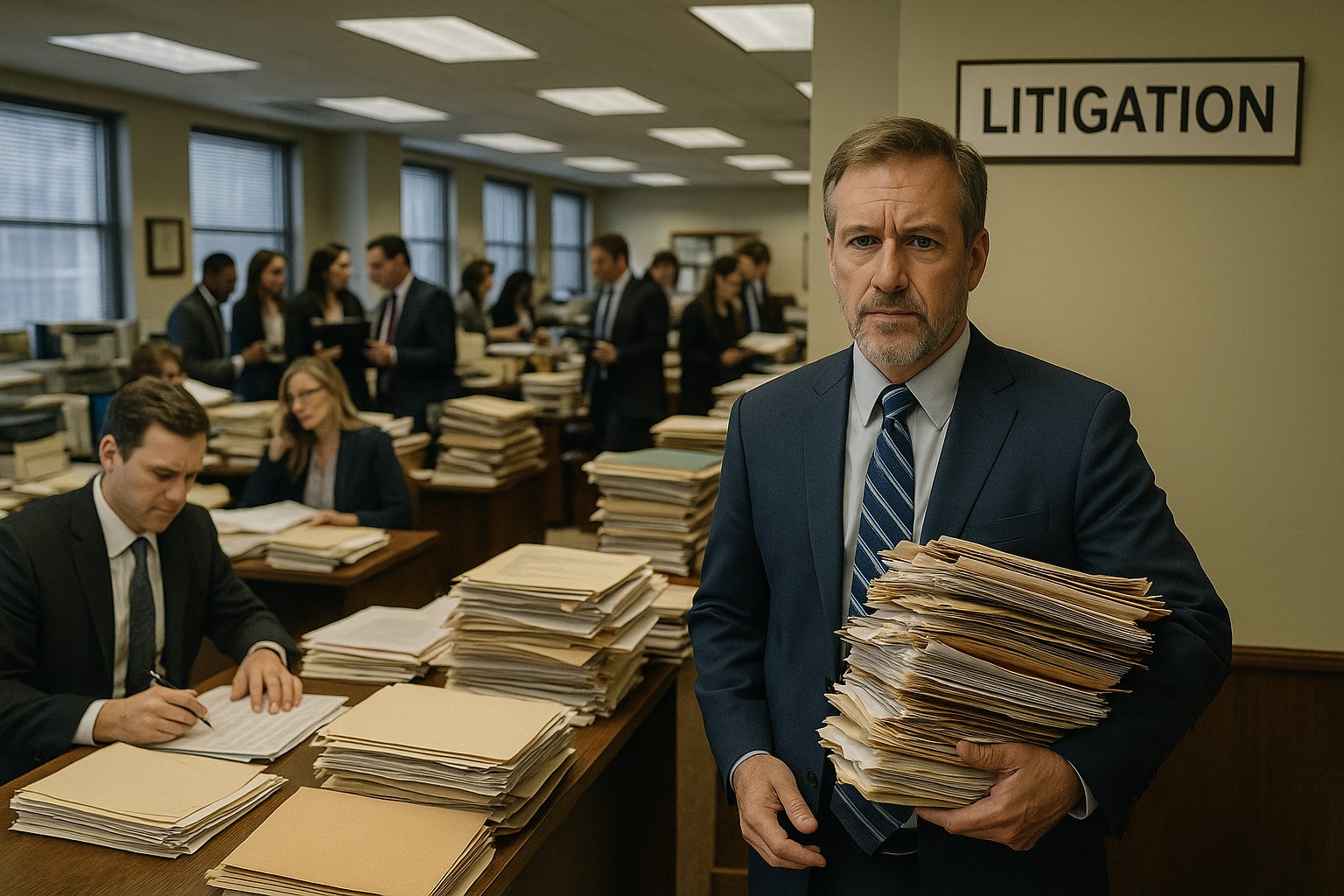 Großes amerikanisches Anwaltsbüro: Stapel von Akten, Anwälte bei der Arbeit; im Vordergrund ein Anwalt mit Ordnern, im Hintergrund ein Schild „Litigation“.
