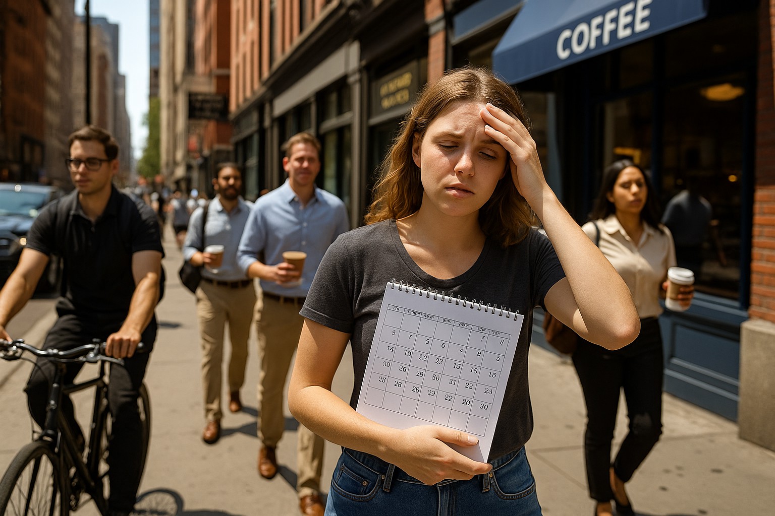 Eine junge Frau mit müdem Gesichtsausdruck hält einen Kalender fest an sich gedrückt, während sie auf einem belebten Bürgersteig in einer amerikanischen Großstadt läuft. Um sie herum gehen Menschen mit Kaffee in der Hand, ein Fahrradfahrer fährt vorbei, und im Hintergrund ist ein typisches Straßencafé mit dem Schild „COFFEE“ zu sehen.
