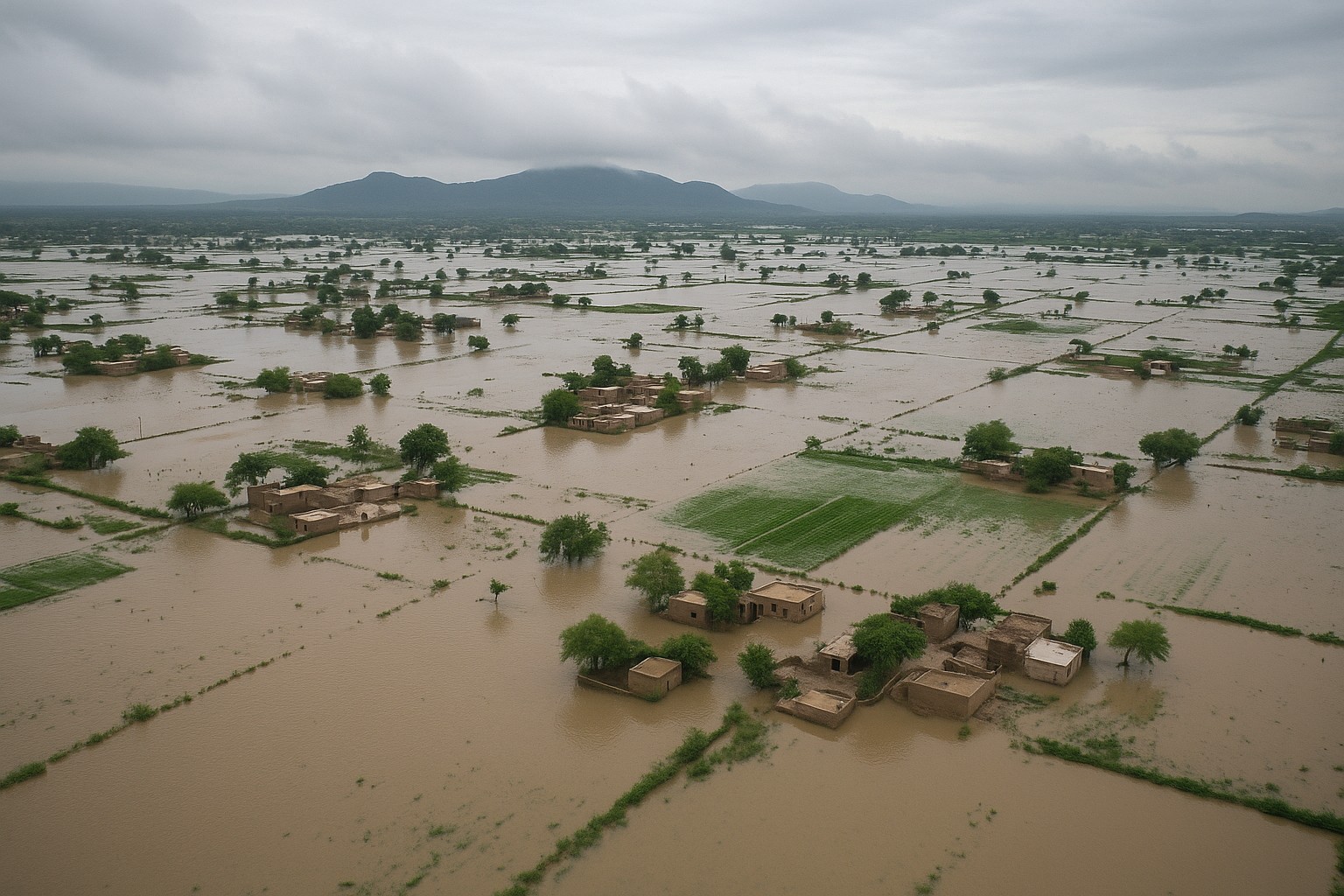 Eine Luftaufnahme zeigt eine überflutete ländliche Landschaft in Pakistan mit teilweise unter Wasser stehenden Dörfern, isolierten Häusergruppen und vereinzelten grünen Feldern. Im Hintergrund ragen nebelverhangene Hügel auf, unter einem grauen, bewölkten Himmel.
