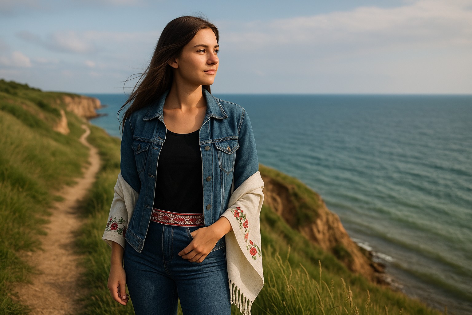 Eine junge ukrainische Frau mit heller Haut steht auf einer grasbewachsenen Klippe mit Blick auf das Schwarze Meer. Sie trägt eine Jeansjacke, ein schwarzes Oberteil, einen traditionellen bestickten Gürtel und ein Leinentuch mit Blumenstickerei über den Schultern.
