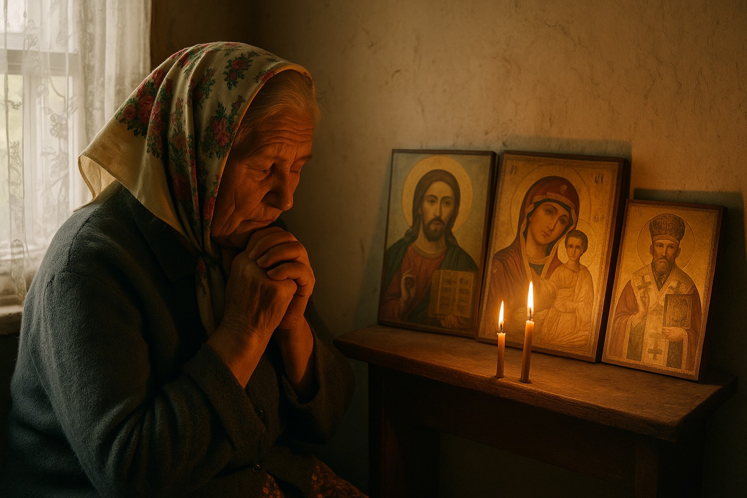 Eine ältere ukrainische Frau betet in einem bescheidenen Raum vor einem kleinen Altar mit orthodoxen Ikonen und brennenden Kerzen.
