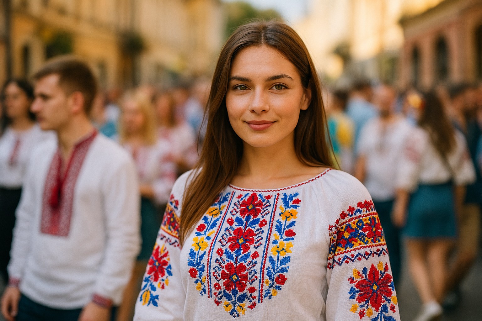 Eine junge ukrainische Frau in traditioneller Vyshyvanka-Bluse mit farbenfroher Stickerei steht lächelnd im Vordergrund einer Straßenszene am Vyshyvanka-Tag.
