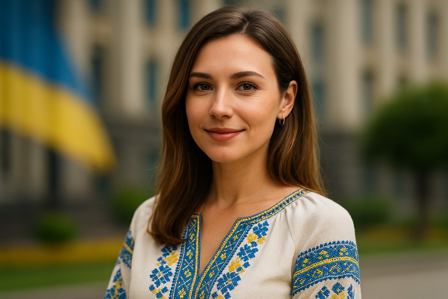 Eine junge, attraktive Ukrainerin mit selbstbewusstem Lächeln trägt eine traditionelle bestickte Bluse in Weiß mit blauen und gelben Mustern. Im Hintergrund verschwimmt eine ukrainische Flagge vor einem städtischen Gebäude.

