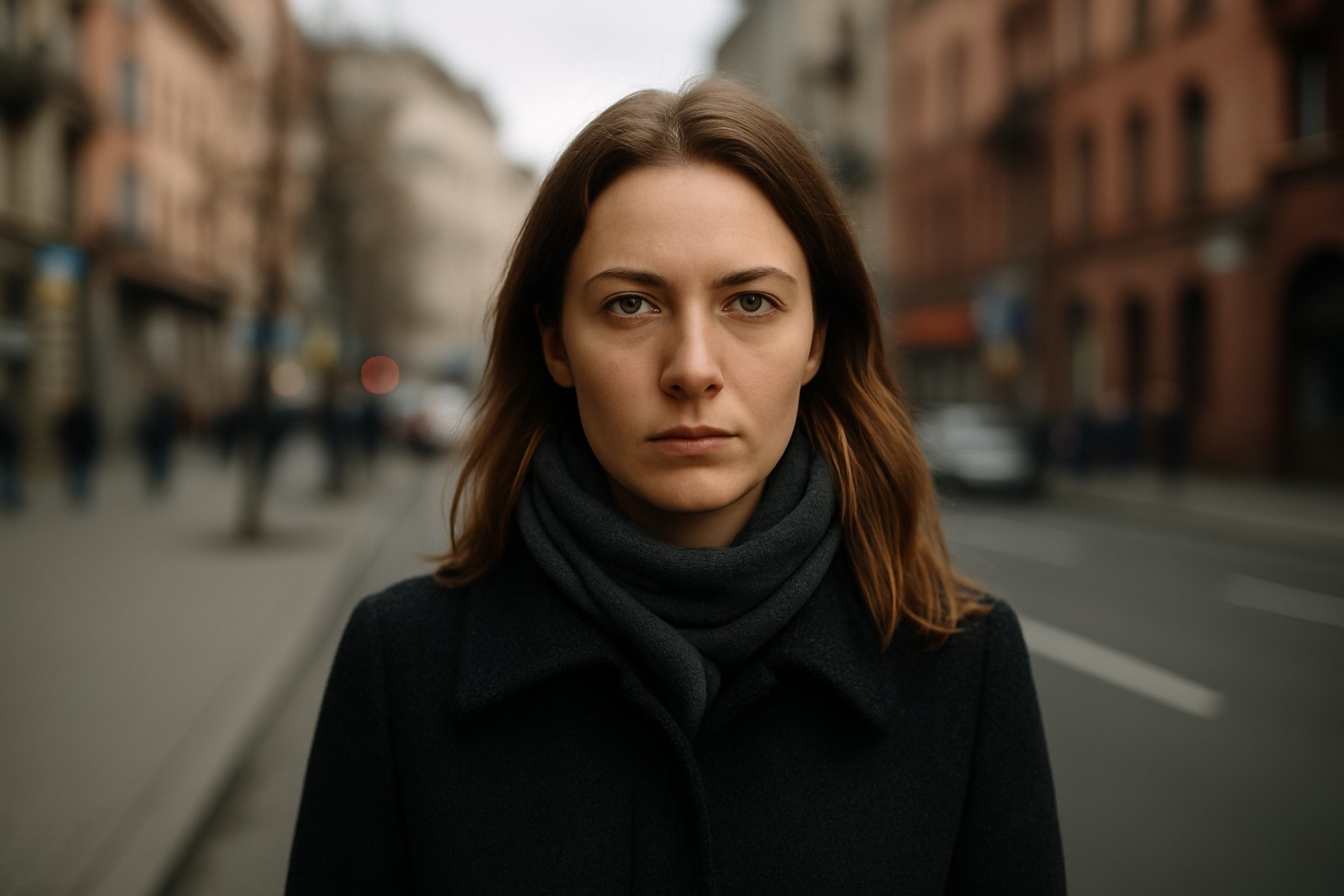 Eine junge Frau mit ernstem Blick steht in einer ukrainischen Stadtstraße, mit einem dunklen Schal und Mantel bekleidet. Im Hintergrund verschwimmen Gebäude und Passanten, was ihre ruhige, ausdrucksstarke Präsenz betont.
