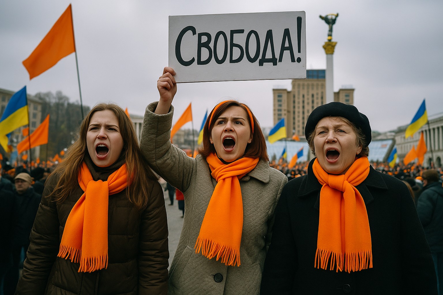 Drei ukrainische Frauen unterschiedlichen Alters protestieren während der Orange Revolution in Kyjiw mit orangefarbenen Schals und entschlossenen Gesichtern vor einer Menschenmenge mit ukrainischen und orangefarbenen Fahnen.
