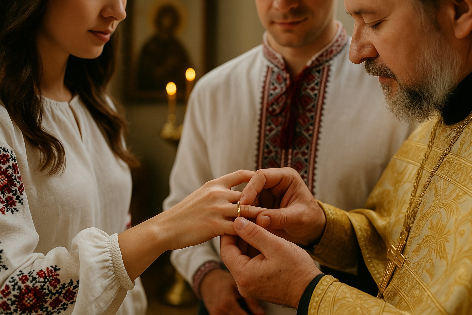 Ein orthodoxer Priester steckt einer jungen ukrainischen Braut während einer traditionellen Zeremonie den Ehering an die rechte Hand. Beide tragen bestickte Vyshyvanka-Hemden. Im Hintergrund leuchtet warmes Kerzenlicht in einer Kirche.
