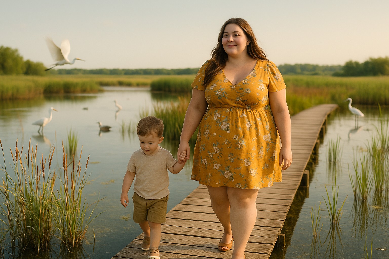Eine junge, kurvige Mutter in einem gelben Sommerkleid spaziert mit ihrem kleinen Sohn über einen hölzernen Steg durch ein Feuchtgebiet, umgeben von Reihern und ruhigem Wasser bei Sonnenuntergang.
