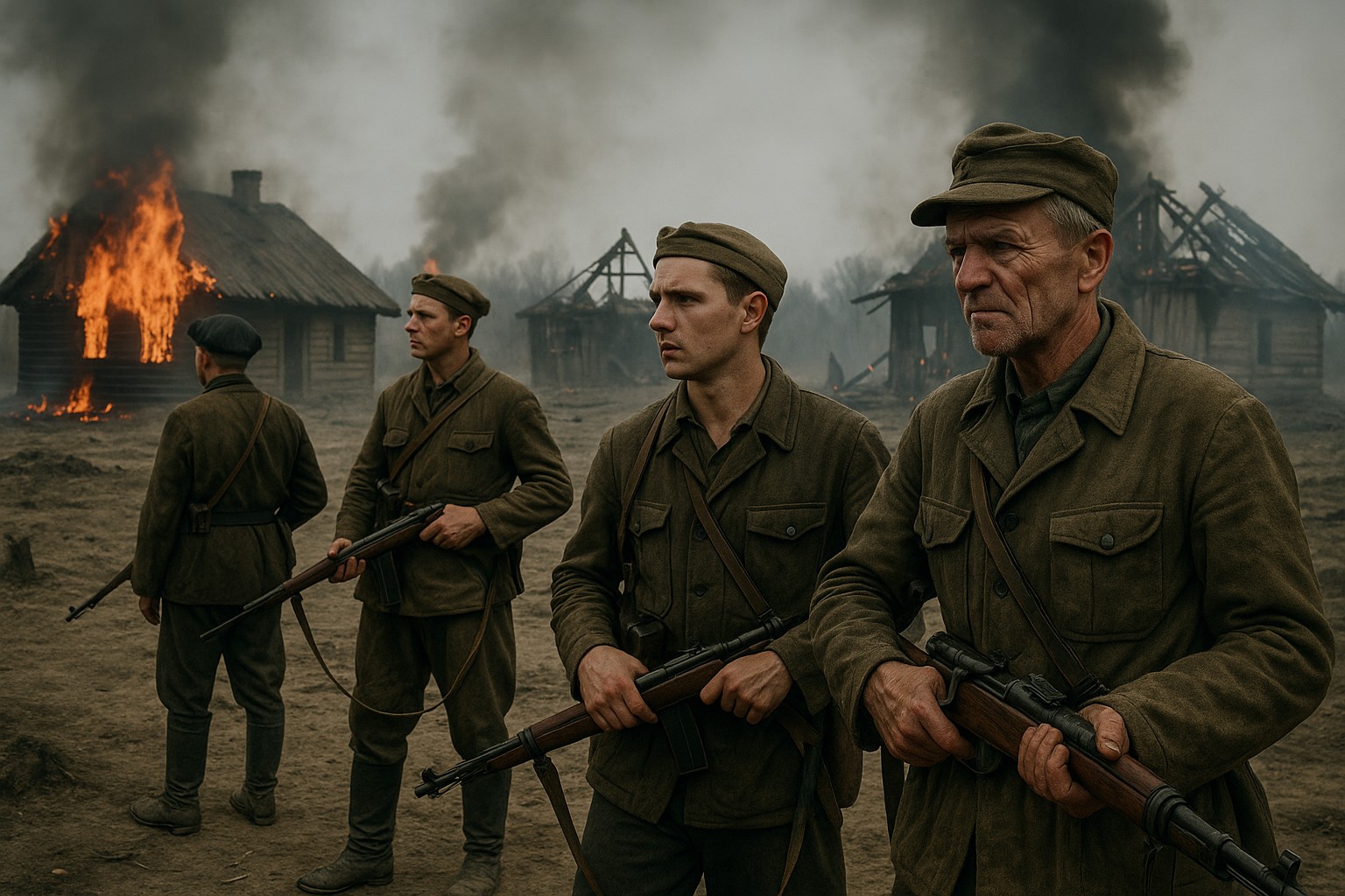 Ein historisches Farbfoto zeigt vier ukrainische Partisanen der UPA während des Zweiten Weltkriegs, wie sie mit Gewehren bewaffnet in einem Dorf mit brennenden Holzhäusern stehen. Die Szenerie ist düster, mit Rauch und Zerstörung im Hintergrund, während die Männer ernst und entschlossen blicken.
