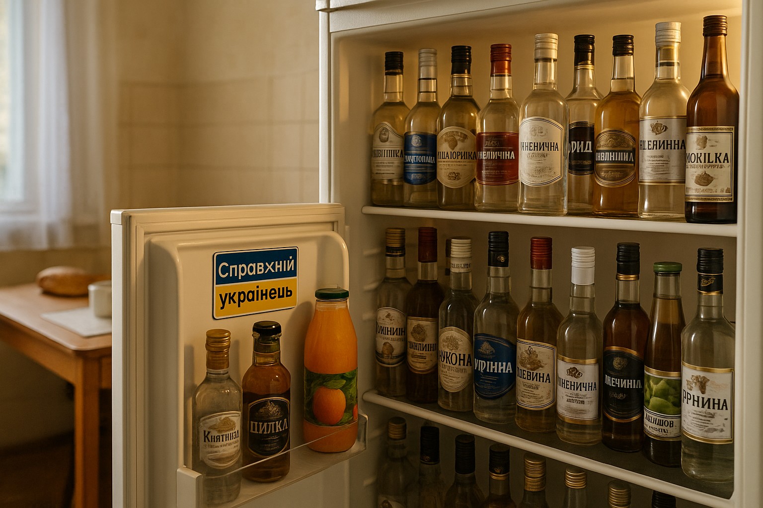 Ein geöffneter Kühlschrank in einer ukrainischen Küche, der fast ausschließlich mit Flaschen Wodka gefüllt ist. Auf der Innenseite der Tür ist ein Magnet mit der Aufschrift „Справжній українець“ (Wahrer Ukrainer) angebracht. Eine Flasche Orangensaft steht daneben. Im Hintergrund ein Tisch mit Brot und Tasse, alles in warmem Tageslicht.
