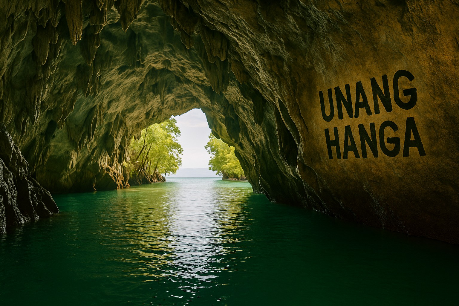 Blick aus dem unterirdischen Fluss von Puerto Princesa: Das türkisgrüne Wasser führt durch einen Tropfsteintunnel toward eine helle Öffnung zum Meer; an der Höhlenwand steht „UNANG HANGA“ (Tagalog „Erste Staunenswürdigkeit“).
