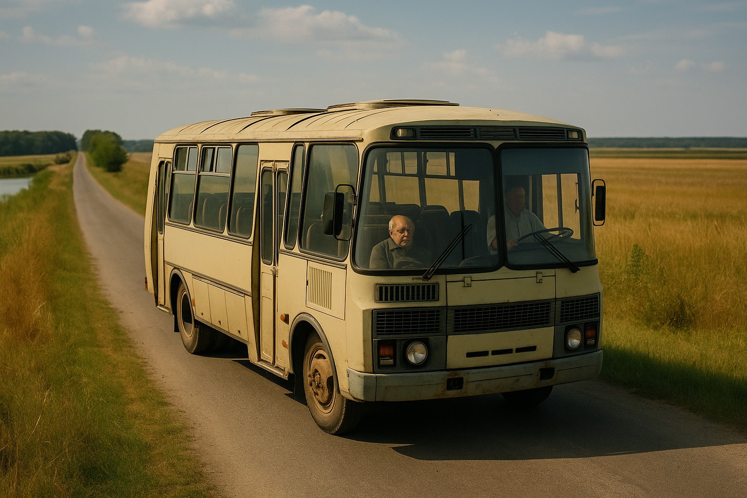Ein verblasster, hellgelber Bus aus der Sowjetzeit fährt eine schmale Landstraße entlang, umgeben von weiten Feldern und einem ruhigen Kanal. Ein älterer Mann sitzt nachdenklich am Fenster, während ein Fahrer vorne konzentriert steuert.
