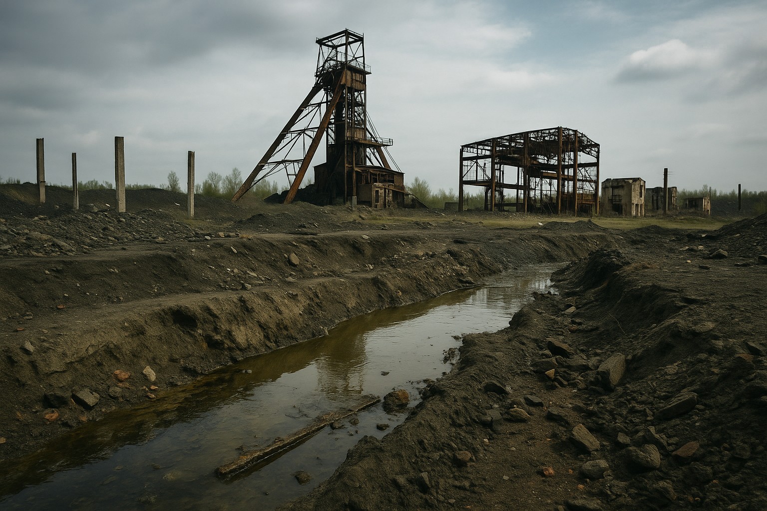 Ein verlassenes Kohlebergwerk in der Donbass-Region unter bewölktem Himmel, mit rostigen Industriegebäuden und einem schlammigen Wassergraben im Vordergrund.
