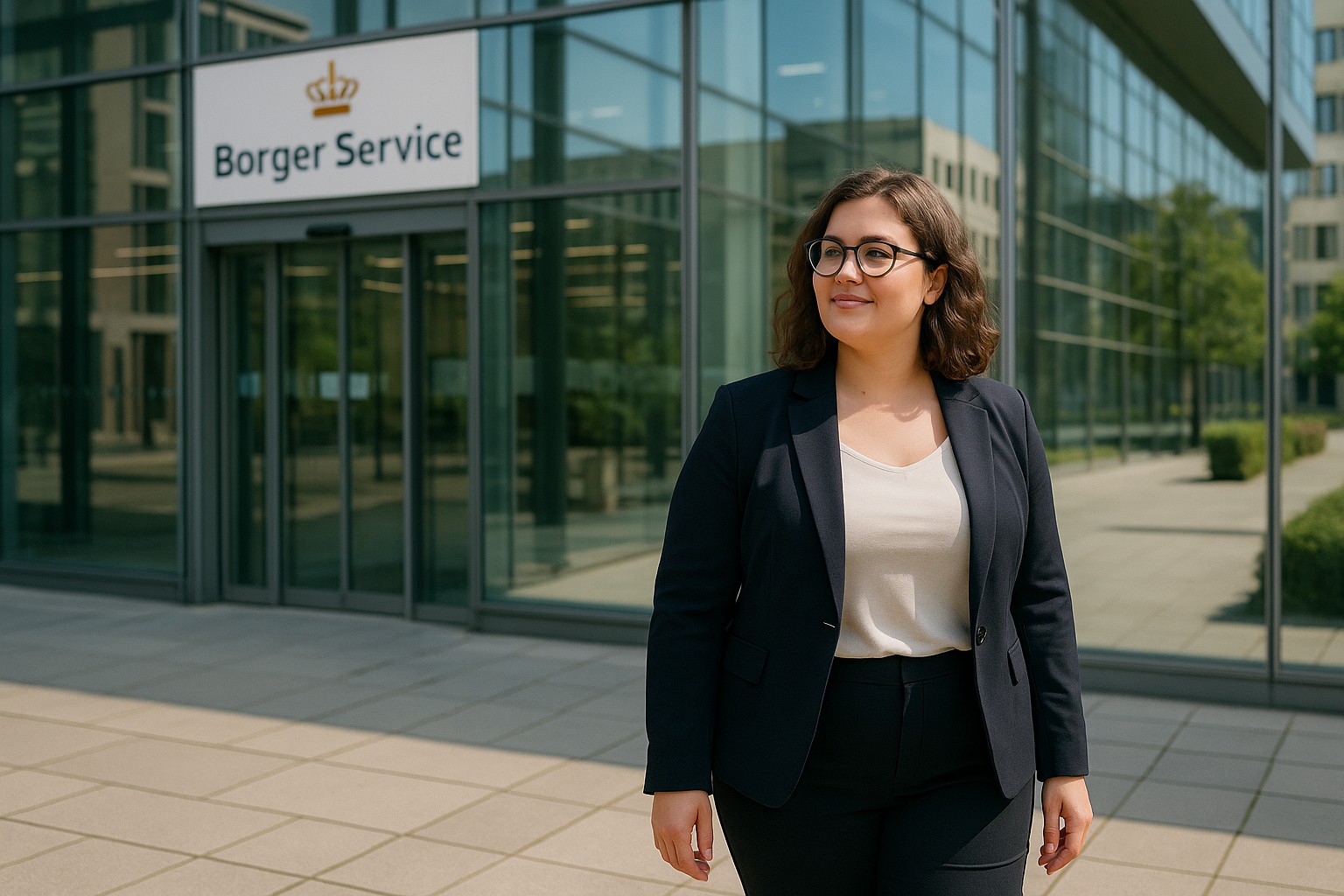 Eine junge kurvige Dänin mit Brille steht vor dem modernen Glasgebäude des „Borger Service“ in Kopenhagen und blickt selbstbewusst zur Seite, während sie ein schlichtes Business-Outfit trägt.
