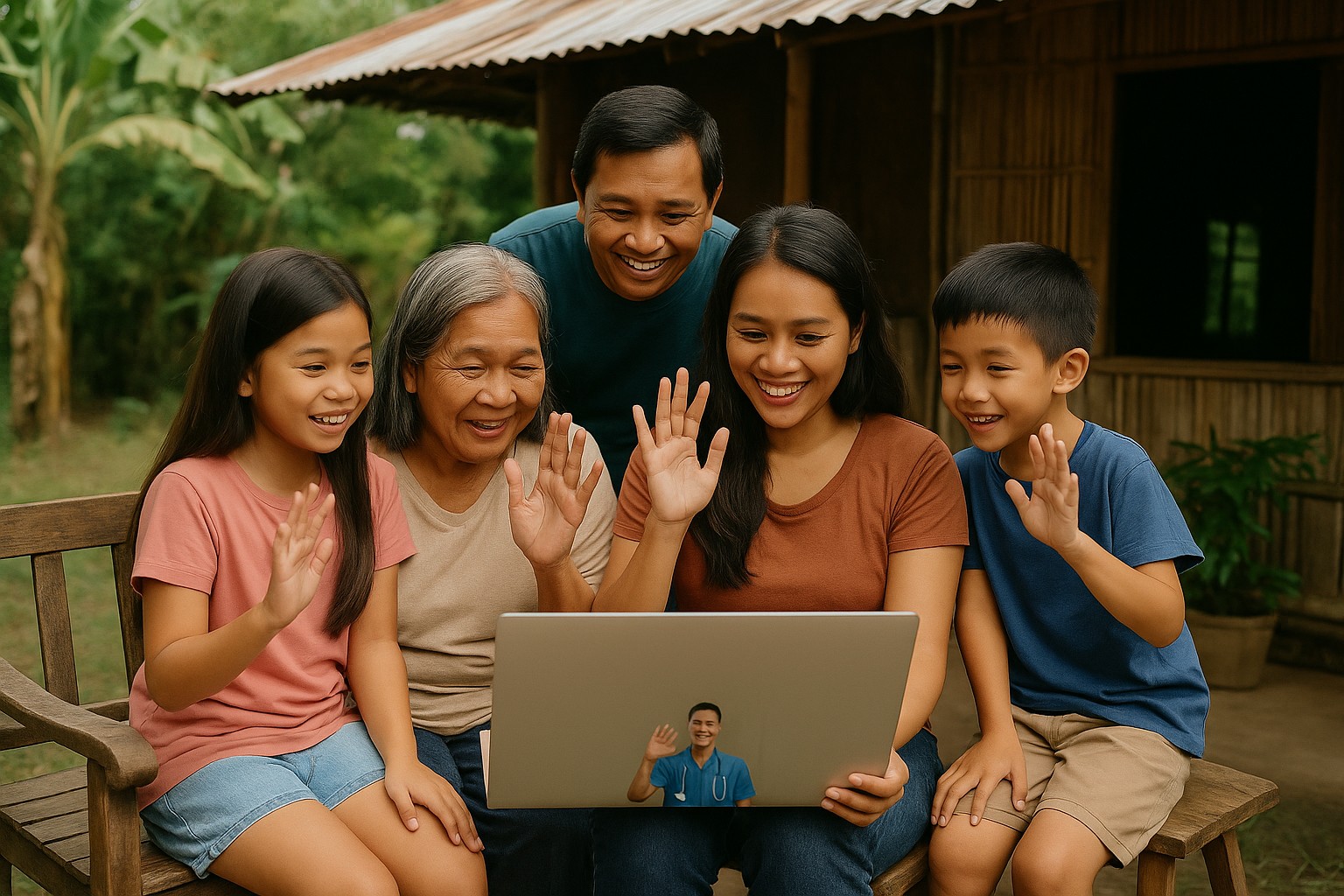 Eine philippinische Familie winkt glücklich einem Verwandten während eines Videoanrufs, vor einem traditionellen Haus aus Bambus und Blechdach sitzend, umgeben von tropischer Natur.
