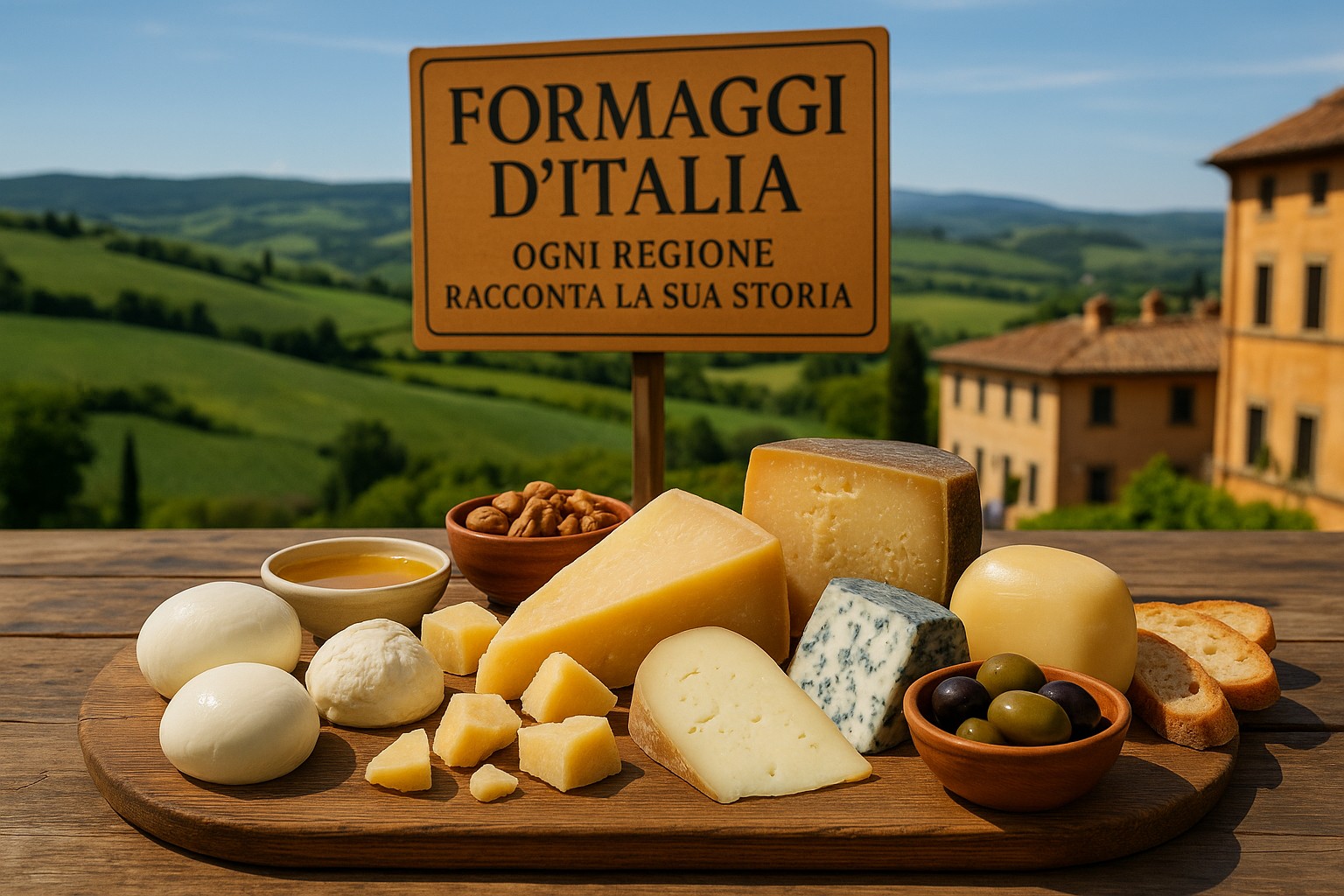 Italienische Käseplatte mit Mozzarella, Parmesan, Gorgonzola und Pecorino vor toskanischer Landschaft und Schild „Formaggi d’Italia – Ogni regione racconta la sua storia“.
