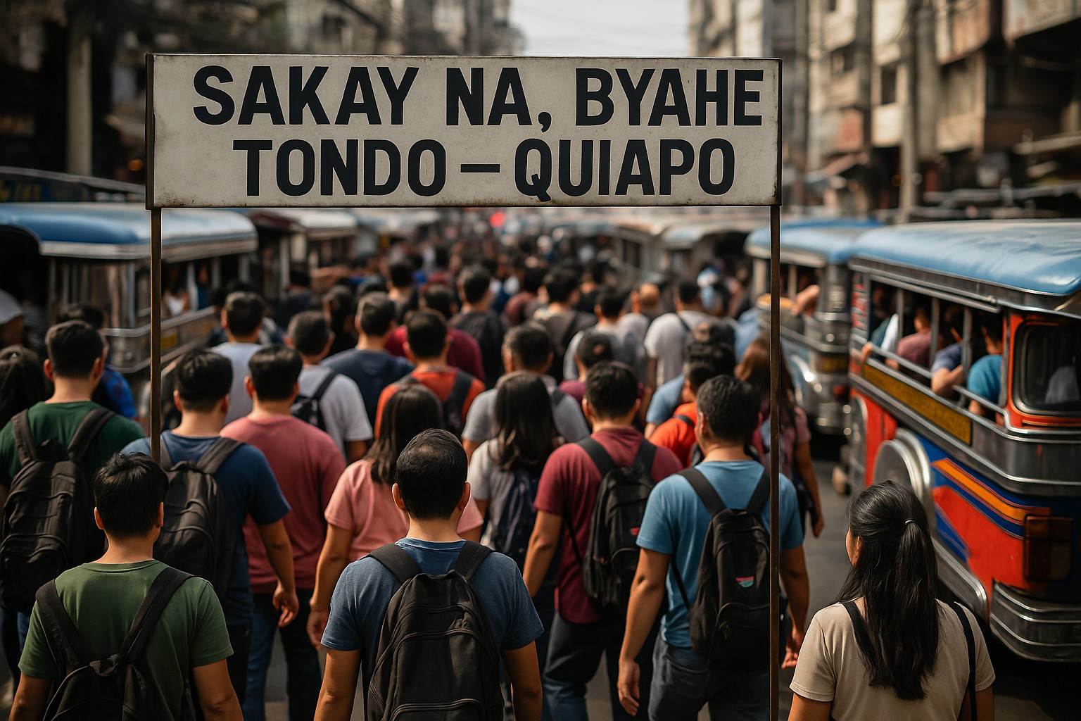 Menschenmassen drängen sich an einem Jeepney-Terminal in Manila unter einem Tagalog-Schild „SAKAY NA, BYAHE TONDO – QUIAPO“ („Steig ein, Linie Tondo–Quiapo“); dicht an dicht geparkte Jeepneys säumen die überfüllte Straße.
