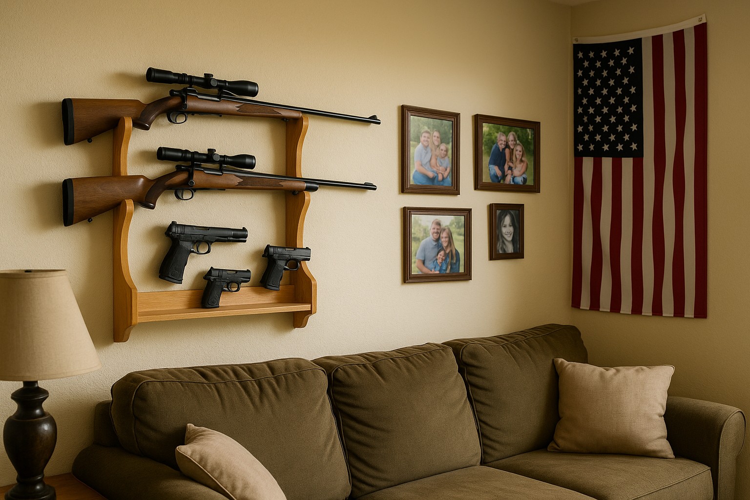  Ein Wohnzimmer mit beiger Wand, an der ein hölzernes Waffenregal mit Gewehren und Pistolen hängt. Daneben hängen ein US-Flagge und mehrere Familienfotos. Eine olivgrüne Couch steht im Vordergrund.
