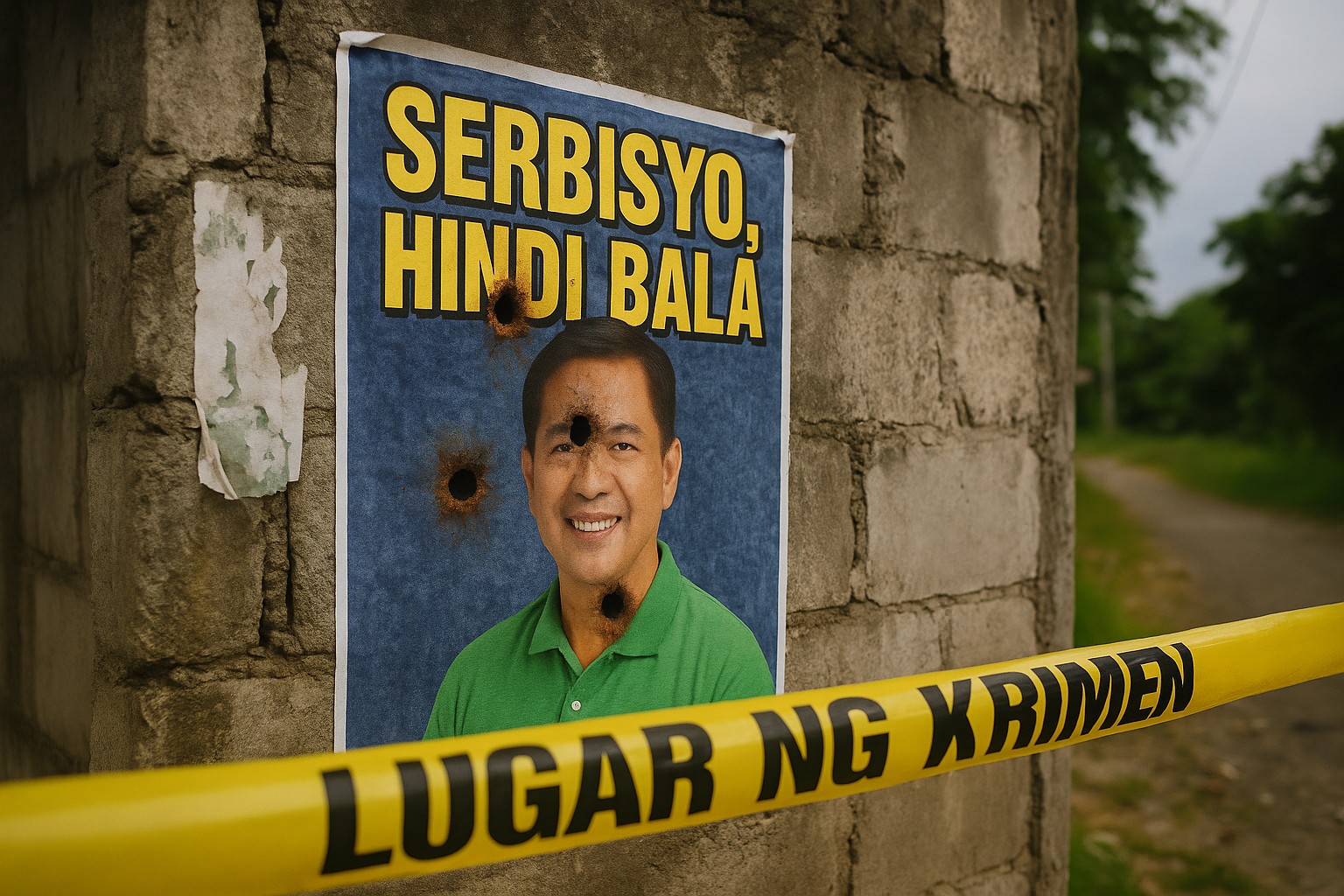 Kugeldurchlöchertes Wahlplakat auf einer bröckelnden Betonwand in einer philippinischen Provinz: Darauf der Slogan „SERBISYO, HINDI BALÁ“; gelbes Absperrband mit Tagalog-Aufschrift „LUGAR NG KRIMEN“ verläuft davor, ein Feldweg im Hintergrund.
