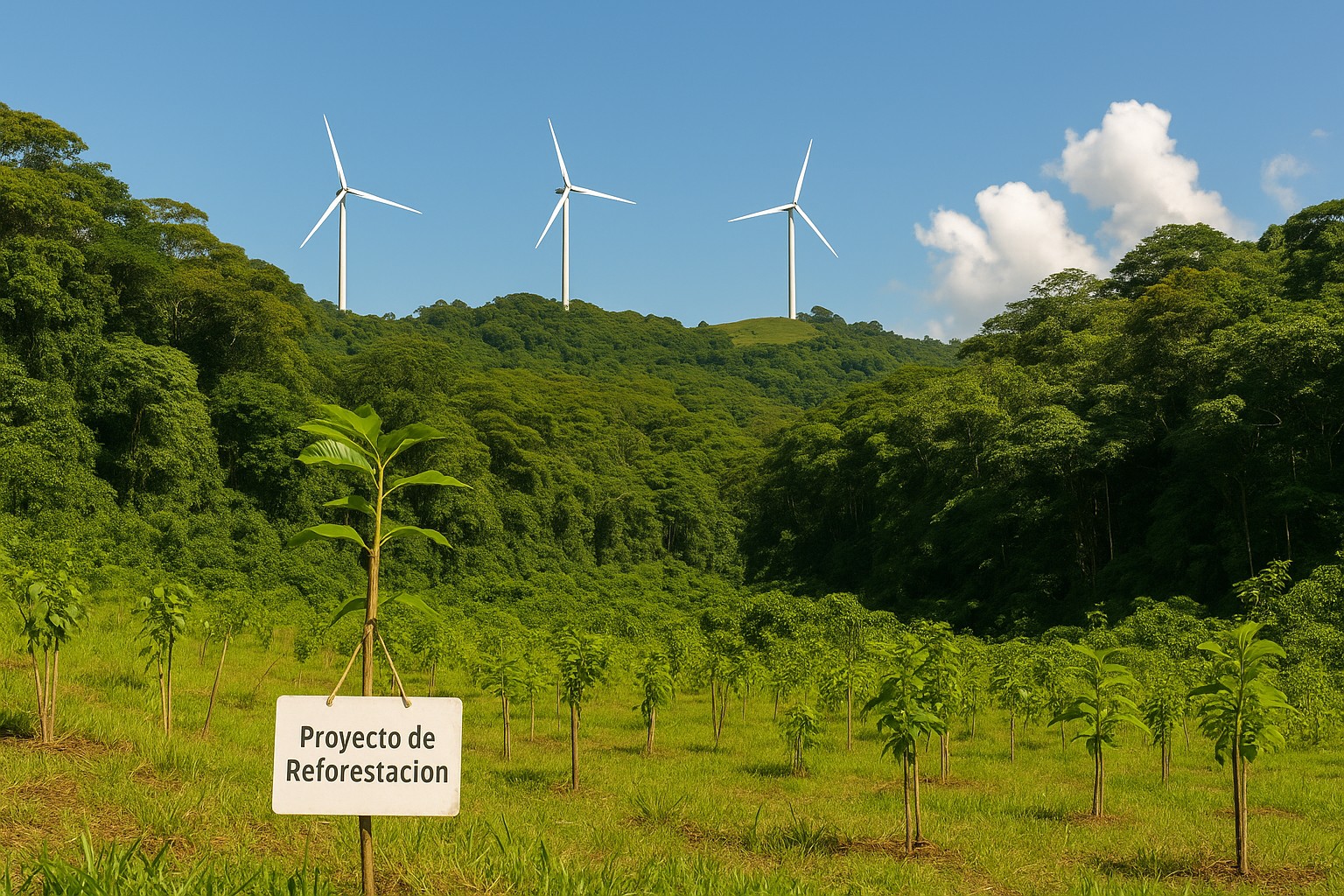 Landschaft in Costa Rica mit junger Wiederaufforstung im Vordergrund, einem Schild „Proyecto de Reforestación“ und drei Windkraftanlagen auf einem bewaldeten Hügel im Hintergrund.

