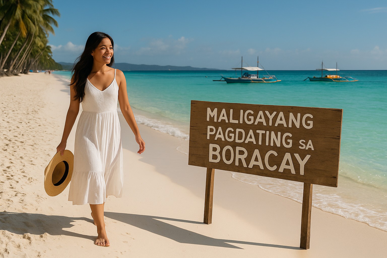 Junge Filipina im weißen Sommerkleid spaziert barfuß am schneeweißen Strand von Boracay, neben ihr ein Holzschild auf Tagalog „Maligayang Pagdating sa Boracay“, im Hintergrund türkisfarbenes Meer und bunte Banka-Boote.
