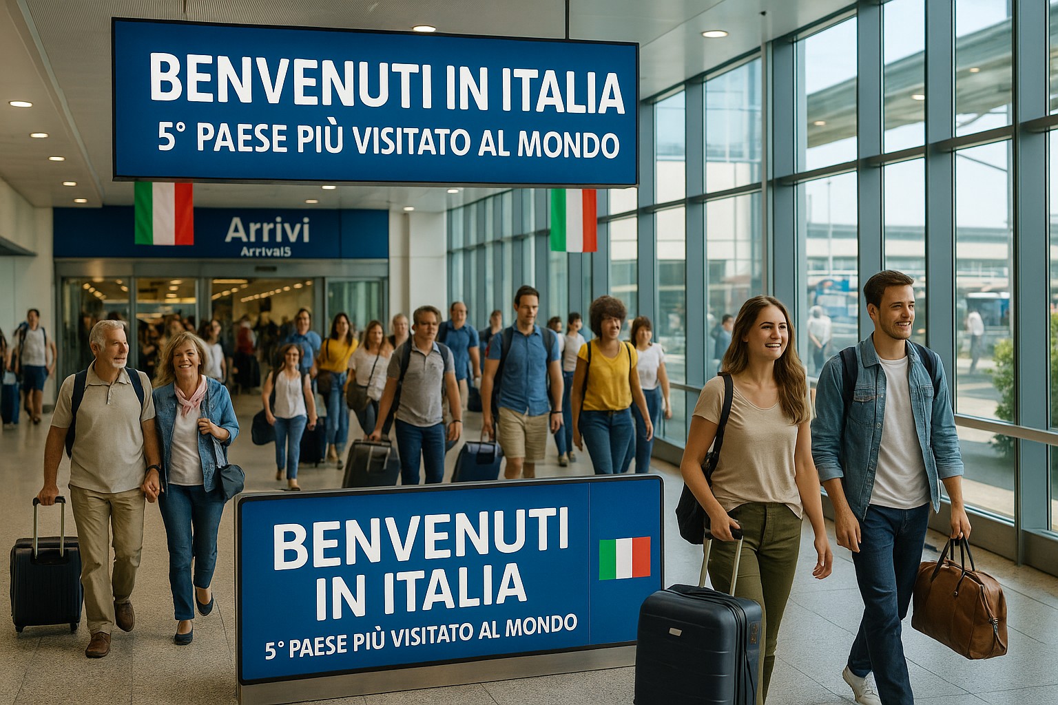Ankunftshalle eines italienischen Flughafens mit einem großen Schild „Benvenuti in Italia – 5° paese più visitato al mondo“.
